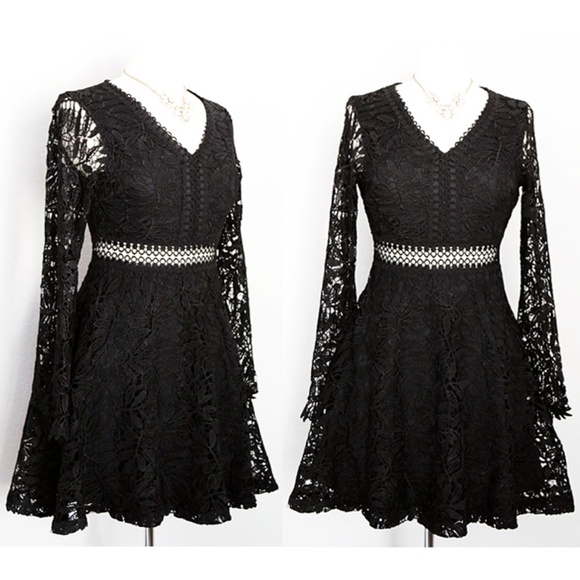 Maybe Wang Dresses & Skirts - Black Crochet Lace Overlay Fit Flared Skater Dress